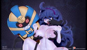 1girl 3d @_@ ahoge artist_name blue_eyes blush breasts closed_eyes cofagrigus coffin collarbone colored_sclera drooling extra_arms female_focus finger_in_another&#039;s_mouth fingering gen_5_pokemon ghost grabbing_another&#039;s_breast grin groping hair_between_eyes hairband hands_up happy hex_maniac_(pokemon) hex_maniac_(pokemon_xy) highres huge_breasts interspecies long_hair messy_hair navel nintendo nipples open_mouth out-of-frame_censoring patreon_logo patreon_username pillarboxed pokemon pokemon_(creature) pokemon_xy pokephilia purple_background purple_hair purple_hairband red_sclera saliva sharp_teeth shiny_skin signature smile spread_legs sweat teeth tongue tongue_out watermark web_address zy0n7