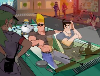 1girl 6+boys a_pimp_named_slickback_(boondocks) abs adventure_time beard black_hair blonde_hair blue_skin blush body_writing car cartoon_network clothes_lift clothes_writing colored_skin commentary company_connection constricted_pupils convertible cosplay courage_the_cowardly_dog cow_&amp;_chicken crossdressing crossover dark-skinned_male dark_skin denim dick_dastardly dress dress_tug embarrassed english_commentary facial_hair fear_and_loathing_in_las_vegas fishnets fred_(courage_the_cowardly_dog) fred_jones hands_on_own_hips highres ice_king invader_zim jeans jenny_(pokemon) johnny_bravo johnny_bravo_(series) lifting_own_clothes long_hair marilyn_monroe marilyn_monroe_(cosplay) motor_vehicle multiple_boys multiple_crossover muscular muscular_male nintendo no_mouth pants philtomato pimp pokemon pokemon_(anime) pokemon_(classic_anime) pompadour prostitution raised_eyebrow raoul_duke_(cosplay) red_guy_(cow_&amp;_chicken) samurai_jack samurai_jack_(character) scooby-doo shirt_lift stomach_tattoo sunglasses tattoo the_boondocks topknot underwear_writing wacky_races when_you_see_it wind wind_lift zim_(invader_zim)