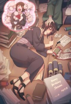 2girls animal black_hair black_kimono book calligraphy_brush closed_eyes commentary_request dated dreaming drooling fetal_position haori happy_birthday headpat highres holding holding_animal holding_calligraphy_brush holding_paintbrush japanese_clothes kimono korean_commentary lying may_c multiple_girls naruto_(series) on_side open_mouth paintbrush pig red_nails scroll shizune_(naruto) sleeping smile speech_bubble thought_bubble tonton_(naruto) tsunade_(naruto)
