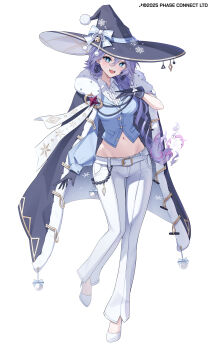 1girl absurdres black_gloves black_hat blue_bow blue_eyes blue_ribbon bow center_frills commentary copyright_notice earrings english_commentary frills full_body gloves hair_between_eyes hand_on_own_chest hat hat_bow hat_ribbon high_heels highres jewelry kurimui2 navel open_mouth pants phase_connect purple_hair ribbon shisui_michiru shoes smile snowflakes solo teeth upper_teeth_only virtual_youtuber white_background white_bow white_pants white_shoes witch_hat