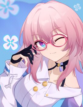 Rule 34 | 1girl, ;), absurdres, archery shooting glove, bespectacled, black choker, black gloves, blue background, blue eyes, blue jacket, chinese commentary, choker, commentary request, dress shirt, flower, glasses, gloves, hand up, highres, honkai: star rail, honkai (series), jacket, long sleeves, looking at viewer, march 7th (honkai: star rail), march 7th (preservation) (honkai: star rail), medium hair, multicolored eyes, one eye closed, partially fingerless gloves, pink-framed eyewear, pink eyes, pink hair, polka dot, polka dot background, purple eyes, qi di xiong, shirt, single glove, smile, solo, tied jacket, two-tone eyes, upper body, white shirt