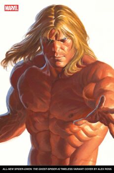 1boy abs alex_ross artist_name blonde_hair blue_eyes comic_cover company_name copyright_name cover cover_page english_text highres ka-zar long_hair looking_at_viewer male_focus marvel muscular muscular_male nipples official_art one_eye_in_shadow reaching reaching_towards_viewer realistic scar scar_on_chest scar_on_stomach shanna_the_she-devil solo third-party_source topless_male upper_body veins veiny_arms western_comics_(style) white_background x-men
