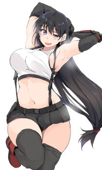 Rule 34 | 1girl, arato nagi, armpits, arms behind head, arms up, bare shoulders, black gloves, black hair, black thighhighs, blue eyes, blush, breasts, commentary request, cosplay, crop top, curvy, earrings, elbow gloves, elbow pads, final fantasy, final fantasy vii, final fantasy vii remake, gloves, highres, jewelry, large breasts, long hair, looking at viewer, miniskirt, navel, open mouth, ruri no houseki, skirt, smile, solo, suspender skirt, suspenders, tank top, thick thighs, thighhighs, thighs, tifa lockhart, tifa lockhart (cosplay), white tank top, zekkyon