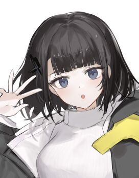 1girl 2naom8q6gt87292 :o arknights arknights:_endfield black_eyes black_hair black_jacket blunt_bangs commentary endministrator_(arknights) female_endministrator_(arknights) hair_ornament hand_up highres jacket long_sleeves looking_at_viewer open_mouth short_hair simple_background solo sweater turtleneck turtleneck_sweater upper_body white_background white_sweater