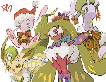 1girl bell blue_eyes brown_eyes cc8nw42u15apug0 colored_skin commentary_request gen_1_pokemon gen_4_pokemon gen_6_pokemon gen_7_pokemon goodra goodra_(holiday) green_eyes green_hair hat japanese_clothes kimono leafeon leafeon_(checkered) legendary_pokemon mew_(holiday)_(pokemon) mew_(pokemon) monster_girl mythical_pokemon nintendo open_mouth pink_eyes pink_skin plant_girl pokemon pokemon_(creature) pokemon_unite ribbon santa_hat simple_background smile tsareena tsareena_(kimono) white_background white_skin