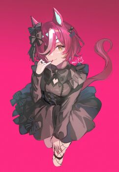 1girl asymmetrical_legwear black_dress botantouki dress eyepatch finger_to_mouth fingernails fishnet_pantyhose fishnets from_above full_body hair_over_one_eye highres long_fingernails looking_at_viewer mismatched_legwear multicolored_hair pantyhose pink_hair smile solo streaked_hair tanino_gimlet_(umamusume) umamusume white_hair yellow_eyes