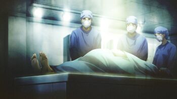 1girl 3boys autopsy bar_counter blanket bloated chaos;child corpse covered_face feet film_grain game_cg glasses green_blanket hat highres hospital mask medical_scrubs morgue mouth_mask multiple_boys nurse nurse_cap official_art operating_table operatory_light sasaki_mutsumi science_adventure soles surgeon surgical_cap surgical_light surgical_mask table toes watabe_tomoaki