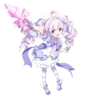 Rule 34 | 1girl, 2t (vmyz7342), :d, absurdres, ahoge, blue archive, bow, bowtie, chinese commentary, commentary request, dress, drill hair, frills, full body, gloves, hair ornament, halo, highres, holding, holding rocket launcher, holding weapon, long hair, lossy-lossless, magical girl, multicolored hair, official alternate costume, open mouth, pantyhose, pink hair, pink halo, puffy sleeves, purple bow, purple bowtie, purple eyes, purple hair, purple pantyhose, reisa (blue archive), reisa (magical) (blue archive), rocket launcher, rpg, rpg-7, rpg (weapon), shoes, short sleeves, simple background, smile, solo, sparkle, star (symbol), star hair ornament, star halo, striped clothes, striped pantyhose, thighhighs, twin drills, twintails, two-tone hair, two-tone pantyhose, weapon, white background, white gloves, wing hair ornament, winged shoes, wings