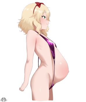 1girl belly big_belly blonde_hair breasts cowboy_shot from_side highres idolmaster idolmaster_cinderella_girls idolmaster_cinderella_girls_u149 loli mrhunking pregnant pregnant_loli sakurai_momoka simple_background small_breasts solo thighs white_background