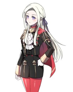 Rule 34 | 1girl, breasts, cape, commentary request, edelgard von hresvelg, fire emblem, fire emblem: three houses, garreg mach monastery uniform, hair ribbon, heigen no bambi, korean commentary, long hair, looking at viewer, nintendo, pantyhose, purple eyes, purple ribbon, red cape, red pantyhose, ribbon, small breasts, solo, standing, very long hair, white background, white hair