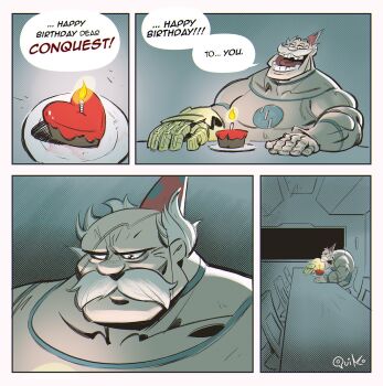 Rule 34 | !, 1boy, birthday, birthday cake, brown eyes, cake, conquest (invincible), english text, facial hair, food, forced smile, hat, highres, indoors, invincible (series), manly, mechanical arms, muscular, muscular male, mustache, old, old man, open mouth, party hat, pun, quiko art, scar, scar on face, serious, shaded face, single mechanical arm, sitting, space, viltrumite, viltrumite clothes, white eyes, white hair