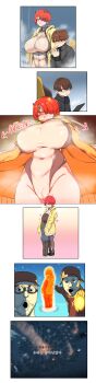 absurdres breasts frostpunk highres hug huge_breasts ignis_(last_origin) kim_mason last_origin leotard red_hair shota