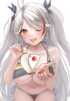 1girl ;d absurdres azur_lane bikini black_bikini breasts cake cake_slice commentary_request food fork highres holding holding_fork large_breasts leaning_forward long_hair looking_at_viewer navel one_eye_closed open_mouth orange_eyes prinz_eugen_(azur_lane) prinz_eugen_(unfading_smile)_(azur_lane) red_nails simple_background smile solo swimsuit tanatu_0 white_background white_hair