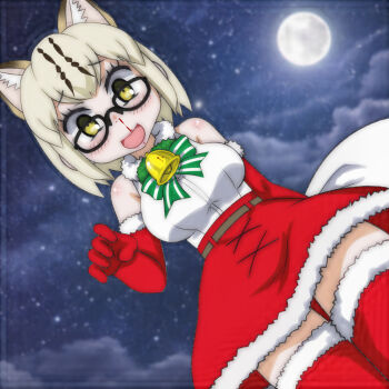 1girl animal_ears bell belt blonde_hair blood blush boots bow bowtie breasts brown_belt cat_ears cat_girl christmas dress full_moon fur-trimmed_boots fur-trimmed_gloves fur-trimmed_shirt fur-trimmed_skirt fur_trim glasses gloves green_bow green_bowtie holding holding_sack kemono_friends large_breasts looking_at_viewer margay_(kemono_friends) moon neck_bell night night_sky nosebleed open_mouth red_boots red_gloves red_skirt sack santa_costume shirt short_hair skirt sky sleeveless sleeveless_dress smile standing star_(sky) starry_sky t_jiroo_(ringofriend) thigh_boots white_shirt yellow_eyes