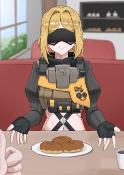 1girl absurdres black_gloves black_pants blindfold_mask blonde_hair breasts camouflage commentary_request covered_eyes fingerless_gloves gloves hair_ornament highres jacket large_breasts long_hair mask miton_iguana navel pants ponytail smile solo trigger_(zenless_zone_zero) zenless_zone_zero