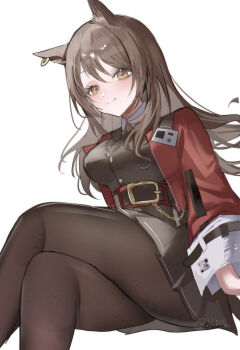 Rule 34 | 1girl, absurdres, animal ear piercing, animal ears, arknights, blush, breasts, brown eyes, brown hair, cat ears, closed mouth, cowboy shot, fine fabric emphasis, highres, horobu, jacket, large breasts, long hair, long sleeves, looking at viewer, open clothes, open jacket, pantyhose, red jacket, sitting, skirt, skyfire (arknights), smile, solo