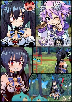 ! ... 2girls ? absurdres aderyn ai-assisted angry black_boots black_dress black_hair boots breasts chibi choujigen_game_neptune competition creature dogoo dress flat_chest forest grass hair_ornament hair_ribbon highres holding holding_sword holding_weapon hood hoodie long_hair medium_breasts multiple_girls nature neptune_(neptunia) neptune_(series) noire_(neptunia) purple_hair purple_shoes red_eyes ribbon score shoes short_hair smirk socks striped_clothes striped_socks sword target_lock tree twintails weapon white_hoodie wooden_sword