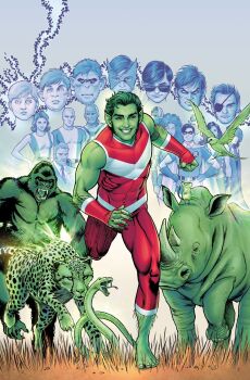 4girls 6+boys ape beast_boy_(dc) cheetah colored_skin commentary cyborg_(dc) dc_comics dick_grayson doom_patrol_(dc) elastigirl english_commentary full_body green_skin highres male_focus mouse_(animal) multiple_boys multiple_girls nicolascottart official_art raven_(dc) rhinoceros robin_(dc) short_hair snake solo solo_focus starfire superhero_costume teen_titans teeth western_comics_(style) wonder_woman