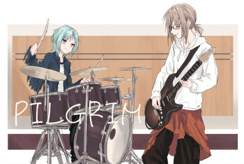 2girls ^_^ bang_dream! bang_dream!_girls_band_party! black_pants blue_hair blue_jacket brown_hair closed_eyes clothes_around_waist commentary drum drum_set electric_guitar english_text feet_out_of_frame glasses green_eyes guitar highres hikawa_hina hood hood_down hoodie instrument jacket jacket_around_waist long_sleeves looking_at_another low_ponytail medium_hair multiple_girls music open_clothes open_jacket orange_jacket pants playing_drum playing_guitar playing_instrument ponytail role_reversal shirt side_ponytail sidelocks sitting standing white_hoodie white_shirt yamato_maya yukitake_(bullfalk)