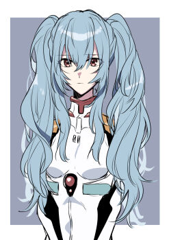 1girl alternate_hairstyle ayanami_rei blue_hair bodysuit breasts brown_eyes expressionless hair_between_eyes highres long_hair looking_at_viewer mecha_pilot_suit medium_breasts neon_genesis_evangelion plugsuit_(evangelion) simple_background solo twintails white_bodysuit yoshio_296