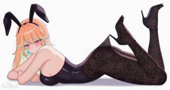 1girl absurdres alternate_costume animal_ears artist_name bare_shoulders blush breasts cleavage closed_mouth dot_mouth earrings fake_animal_ears feather_earrings feathers gloves gradient_hair green_hair hand_on_own_cheek hand_on_own_face highres hololive jewelry kershok lace_pantyhose_hooked_on_heel_(meme) large_breasts leotard long_hair looking_at_viewer meme multicolored_hair open_mouth orange_hair playboy_bunny purple_eyes shadow sideboob solo strapless strapless_leotard takanashi_kiara virtual_youtuber white_background