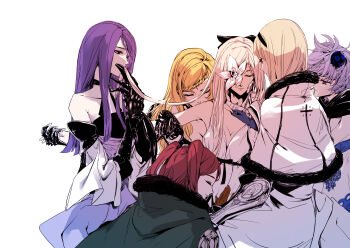 6+girls alpha.e black_bow black_choker black_eyes black_hairband black_ribbon blonde_hair blue_flower blue_gloves blue_hair blunt_ends bow braid braided_bangs breasts brown_gloves capelet choker cleavage cloak closed_eyes closed_mouth commentary cowboy_shot detached_sleeves drag-on_dragoon drag-on_dragoon_3 dress english_commentary expressionless five_(drag-on_dragoon) flower flower_in_eye four_(drag-on_dragoon) fur-trimmed_capelet fur-trimmed_cloak fur_trim gauntlets gloves green_cloak grey_eyes hair_bow hair_flower hair_ornament hairband highres long_hair looking_at_another mechanical_arms medium_breasts mixed-language_commentary multiple_girls one_(drag-on_dragoon) purple_dress purple_hair red_hair ribbon ribbon_choker short_hair siblings simple_background single_mechanical_arm sisters sleeveless sleeveless_dress smelling smelling_hair smile straight_hair strapless strapless_dress symbol_in_eye three_(drag-on_dragoon) twintails two_(drag-on_dragoon) white_background white_capelet white_dress white_flower white_hair white_sleeves zero_(drag-on_dragoon)