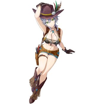 1girl black_gloves bolo_tie boots breasts brown_vest chaps cleavage cowboy cowboy_boots cowboy_hat cowboy_western cowgirl_(western) cross-laced_bra dolphin_wave feather_hat fringe_trim frown game_cg gloves green_eyes grey_hair gun handgun hat highres leather leather_vest looking_at_viewer medium_breasts navel non-web_source official_alternate_costume official_art ootomo_takuji revolver sarah_anthony short_hair sitting transparent_background vest weapon western