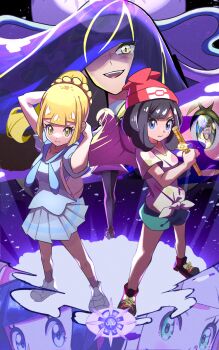 Rule 34 | 3girls, black hair, blonde hair, blue eyes, closed mouth, cosmog, dress, eyelashes, flute, gen 7 pokemon, green eyes, green shorts, hair over one eye, hat, highres, holding, holding flute, holding instrument, inana umi, instrument, legendary pokemon, lillie (pokemon), long hair, looking at viewer, lusamine (pokemon), lusamine fused (pokemon), multiple girls, multiple views, nintendo, open mouth, pleated skirt, pokemon, pokemon sm, ponytail, red hat, selene (pokemon), shirt, short hair, shorts, skirt, teeth, tied shirt, upper teeth only, white shirt, white skirt, yellow eyes