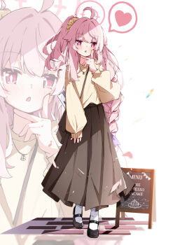 Rule 34 | 1girl, :o, absurdres, ahoge, ayahosiyuki, black shoes, blue archive, blush, bright pupils, brown skirt, commentary request, full body, hand up, highres, long hair, long skirt, long sleeves, looking at viewer, mary janes, natsu (blue archive), open mouth, pink hair, pleated skirt, red eyes, shoes, side ponytail, sign, simple background, skirt, socks, solo, standing, sweater, white background, white pupils, white socks, yellow sweater, zoom layer