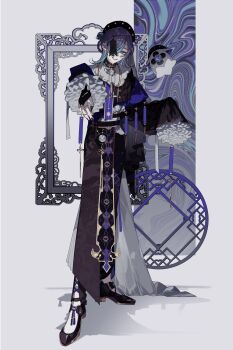 Rule 34 | 1boy, absurdres, alternate costume, black dress, black hat, black shoes, blue hair, border, commentary request, dress, frilled dress, frills, grin, hat, head tilt, highres, hoshirube sho, jiangshi, looking at viewer, male focus, mizuki (mz), multicolored hair, nijisanji, otomo (hoshirube sho), outstretched arms, picture frame, purple hair, qingdai guanmao, shadow, shoes, simple background, sleeves past fingers, sleeves past wrists, smile, socks, solo, streaked hair, swirl, virtual youtuber, white background, white socks, zombie pose