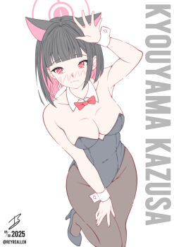 Rule 34 | 1girl, absurdres, alternate costume, animal ears, arm up, black hair, black leotard, black pantyhose, black shoes, blue archive, blunt bangs, blunt ends, blush, bob cut, bow, bowtie, breasts, cat ears, cat girl, character name, cleavage, closed mouth, collarbone, colored inner animal ears, colored inner hair, commentary, covered navel, dated, detached collar, embarrassed, extra ears, foot out of frame, groin, hair intakes, halo, hand on own thigh, high heels, highres, kazusa (blue archive), large breasts, leotard, looking at viewer, multicolored hair, nose blush, outstretched hand, pantyhose, pink hair, pink halo, playboy bunny, realen, red bow, red bowtie, red eyes, shoes, short hair, signature, simple background, solo, standing, standing on one leg, strapless, strapless leotard, sweatdrop, thighs, twitter username, two-tone hair, wavy mouth, white background