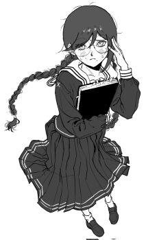 1girl adjusting_eyewear blush book braid closed_mouth commentary_request corrupted_twitter_file danganronpa:_trigger_happy_havoc danganronpa_(series) floating_hair frown fukawa_toko full_body furrowed_brow glasses greyscale hamuseutta hand_up highres holding holding_book loafers long_hair long_skirt long_sleeves looking_at_viewer low_twin_braids mole mole_under_mouth monochrome nervous pleated_skirt round_eyewear school_uniform serafuku shoes simple_background skirt solo sweat twin_braids
