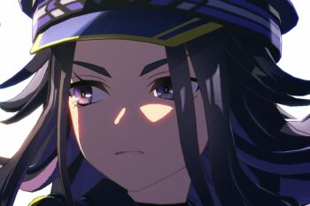Rule 34 | 1girl, black hair, black jacket, close-up, closed mouth, commentary request, fenomeno (black flames of the righteous spirit) (umamusume), fenomeno (umamusume), hat, highres, horse girl, jacket, long hair, looking at viewer, multicolored hair, peaked cap, portrait, purple eyes, purple hair, simple background, solo, umamusume, w3n6e
