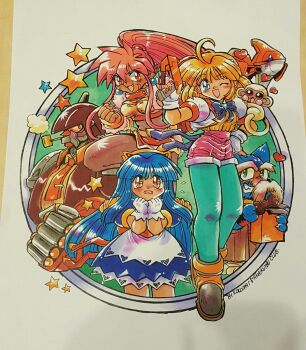 2boys 3girls animal animal_ears animal_hands animal_on_arm apron armor artist_name blonde_hair blue_bow blue_bowtie blue_dress blue_eyes blue_hair blue_pantyhose boots bow bowtie brown_boots brown_jacket caesar_kanagusuku celia_hasselberg circle_name colored_sclera commentary crime_crackers crop_top dark-skinned_female dark_skin dog_biscuit dog_boy dog_ears dress earrings enkuu_(crime_crackers) facial_hair facial_mark fang fingerless_gloves flying_sweatdrops food furry furry_male gloves green_eyes grin gun hand_on_own_hip handgun high_ponytail holding holding_food holding_gun holding_weapon humanoid_robot jacket jan-michael_hasselberg jewelry kokomahi long_hair looking_at_viewer medium_hair midriff monkey multiple_boys multiple_girls murdoch_hoover mustache necktie official_art old old_man one_eye_closed open_clothes open_jacket open_mouth orange_eyes pantyhose pet_food pink_shorts pointy_ears ponytail red_eyes red_necktie robot shirt short_shorts short_sleeves shorts shoulder_armor smile smoke smoking_pipe spacecraft standing star_(symbol) star_in_eye symbol_in_eye teeth traditional_media weapon wendy_wilkinson white_apron white_background white_gloves white_jacket yellow_sclera yellow_shirt