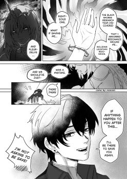 1boy 1girl absurdres artist_name cartethyia_(wuthering_waves) commentary crown_of_thorns english_commentary english_text fleurdelys_(wuthering_waves) gloves greyscale hand_up headpat highres jacket monochrome parted_bangs rezilism smile tacet_mark_(wuthering_waves) wuthering_waves