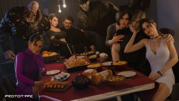 ada_wong artist_name celebration chris_redfield claire_redfield commentary couple dinner dress english_commentary formal_clothes happy_new_year jill_valentine monster mr._x_(resident_evil) multiple_boys multiple_girls nemesis_(resident_evil) new_year resident_evil sheva_alomar short_hair signature table x_prototype_xx