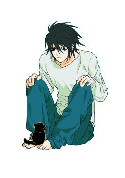 1boy bags_under_eyes ban0ja_1 barefoot black_cat black_eyes black_hair blue_pants cat cat_on_person closed_mouth death_note full_body hair_between_eyes hands_on_own_knees highres l_(death_note) long_sleeves looking_at_another male_focus no_eyebrows pants shirt short_hair sitting staring white_background white_shirt