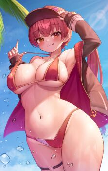 1girl :q absurdres arm_up bad_id bad_twitter_id baseball_cap bikini black_hat black_jacket blue_sky breasts cloud day deaver earrings frilled_thigh_strap hand_on_headwear hat heart heart_earrings heterochromia highres hololive houshou_marine houshou_marine_(summer) jacket jewelry large_breasts long_sleeves looking_at_viewer navel necklace ponytail red_bikini red_eyes red_hair sky solo swimsuit thigh_strap tongue tongue_out virtual_youtuber wet yellow_eyes