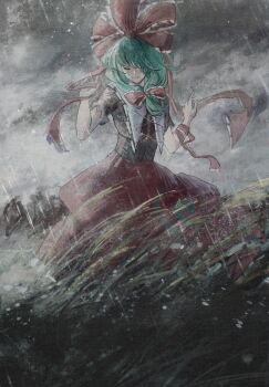 1girl black_shirt closed_eyes closed_mouth cloud cloudy_sky commentary frilled_ribbon frills front_ponytail ge_dazuo grass green_hair hair_ribbon hands_up highres kagiyama_hina long_hair outdoors rain red_ribbon red_skirt ribbon shirt short_sleeves sitting skirt sky smile solo touhou