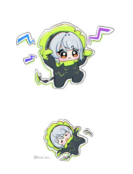 1girl anby_demara black_bodysuit black_hairband blunt_bangs blush bodysuit chibi chibi_only closed_eyes commentary full_body grey_hair hairband hands_up highres hue_oo lying on_back open_mouth orange_eyes outline parted_lips short_hair simple_background standing standing_on_one_leg twitter_username white_background white_outline zenless_zone_zero