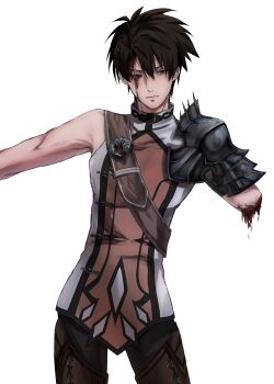 1boy after_battle aleksander_ryback armor belt black_hair bleeding blood blood_from_forehead blood_on_face bloody_tears hair_ornament highres injury male_focus missing_limb mushoku_tensei shoulder_armor si_mu_xx white_background