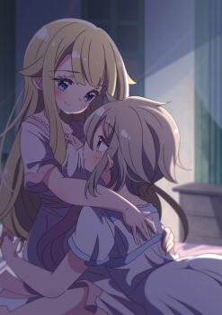 Rule 34 | 2girls, ange (princess principal), blonde hair, blush, eye contact, honkawa works, hug, indoors, light brown hair, long hair, looking at another, multiple girls, pajamas, princess (princess principal), princess principal, short hair, short sleeves, white pajamas, yuri