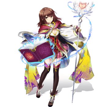 1girl artist_request black_gloves black_thighhighs book bow brown_eyes brown_hair cape coat day floating floating_book floating_object girlfriend_(kari) gloves jewelry magic magic_book medium_hair necklace official_art open_book plaid_clothes plaid_skirt red_cape red_skirt shiina_kokomi skirt spellcaster_type staff standing tenkuu_no_crystalia thighhighs toes transparent_background white_coat