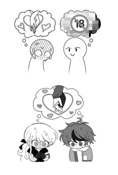 1boy 1girl ahoge another_ship_dynamic_i_enjoy_(meme) blush chibi fluorart greyscale hair_ribbon highres hood hood_down hoodie jacket kawana_tsubasa kndp087 long_hair meme meme_inset monochrome multicolored_hair open_clothes open_jacket own_hands_together ponytail ribbon shirt short_hair streaked_hair sumino_takumi sweat the_hundred_line_-last_defense_academy-