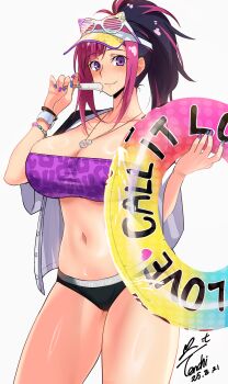 1girl absurdres antenna_hair bikini black_hair black_shirt blue_nails breasts cleavage dated eyewear_on_head food food_in_mouth highres holding holding_food holding_popsicle innertube jewelry large_breasts mismatched_bikini multicolored_hair nail_polish necklace open_clothes open_shirt pink_hair ponytail popsicle purple_eyes purple_nails shirt signature simple_background smile solo strapless strapless_bikini streaked_hair sunglasses super_robot_wars super_robot_wars_y swim_ring swimsuit tsukinowa_forte tube_top two-tone_hair visor_cap white_background yoo_tenchi
