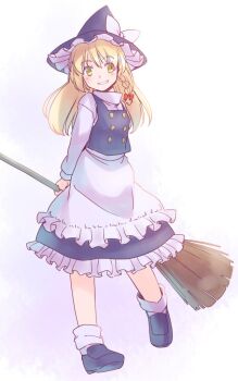 1girl apron arms_behind_back black_hat black_shoes black_skirt black_vest blonde_hair bow braid broom buttons commentary_request frilled_apron frills full_body grin hair_bow hat hat_bow holding holding_broom kirisame_marisa light_blush long_hair long_sleeves one-hour_drawing_challenge petticoat rangycrow red_bow shirt shoes single_braid skirt smile socks solo touhou vest white_apron white_bow white_shirt white_socks witch_hat yellow_eyes