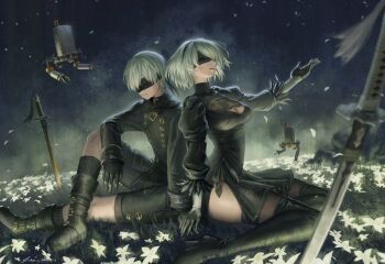 1boy 1girl 2b_(nier:automata) 9s_(nier:automata) absurdres back-to-back black_boots black_dress black_gloves black_jacket black_shorts blindfold blurry boots breasts cleavage cleavage_cutout closed_mouth clothing_cutout commentary covered_eyes crossed_legs cruel_oath depth_of_field dress field flower flower_field full_body gloves glowing_flower headband highres holding_hands jacket katana long_sleeves medium_breasts mole mole_under_mouth nier:automata nier_(series) night nose outdoors parted_lips planted planted_sword planted_weapon pod_(nier:automata) short_dress short_hair shorts side_slit sitting skindentation smile soyogi_iori_(ioriwu8) sword thigh_boots thighhighs thighs underlighting virtuous_contract wariza weapon white_hair zettai_ryouiki