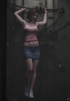 1girl 3d artist_request bare_legs bare_shoulders breasts brown_hair casual chain cleavage denim denim_skirt door eileen_galvin full_body highres holding lips medium_breasts navel shiny_skin short_hair silent_hill silent_hill_(series) silent_hill_4:_the_room skirt solo standing tank_top thighs wide_hips