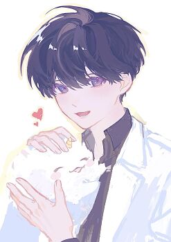 1boy animal animal_hug biyoo_(omniscient_reader&#039;s_viewpoint) black_hair black_shirt coat collared_shirt heart highres kim_dokja looking_at_viewer male_focus omniscient_reader&#039;s_viewpoint shirt short_hair sparkling_eyes upper_body v_kyyi white_coat