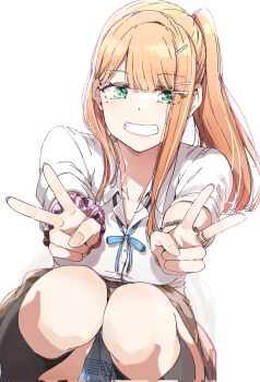 Rule 34 | 1girl, black socks, blue skirt, brown cardigan, cardigan, cardigan around waist, clothes around waist, commentary, corrupted twitter file, double v, gakuen idolmaster, green eyes, grin, gyaru, hair ornament, hairclip, highres, idolmaster, jewelry, looking at viewer, nyoijizai, orange hair, plaid clothes, plaid skirt, pleated skirt, ring, school uniform, scrunchie, shirt, shiun sumika, side ponytail, sidelocks, simple background, skirt, sleeves rolled up, smile, socks, solo, squatting, v, white background, white shirt, wrist scrunchie